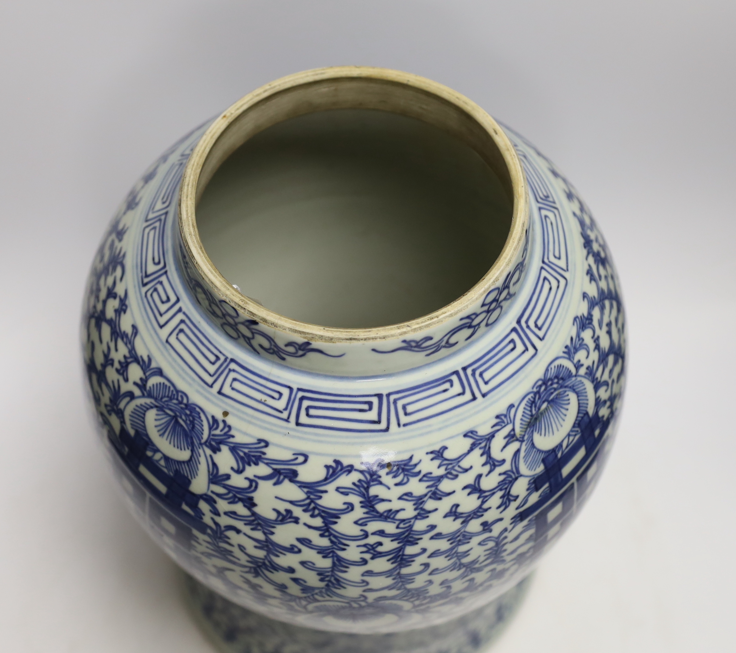 A Chinese blue and white ‘shuangxi’ baluster jar and cover, 43cm high